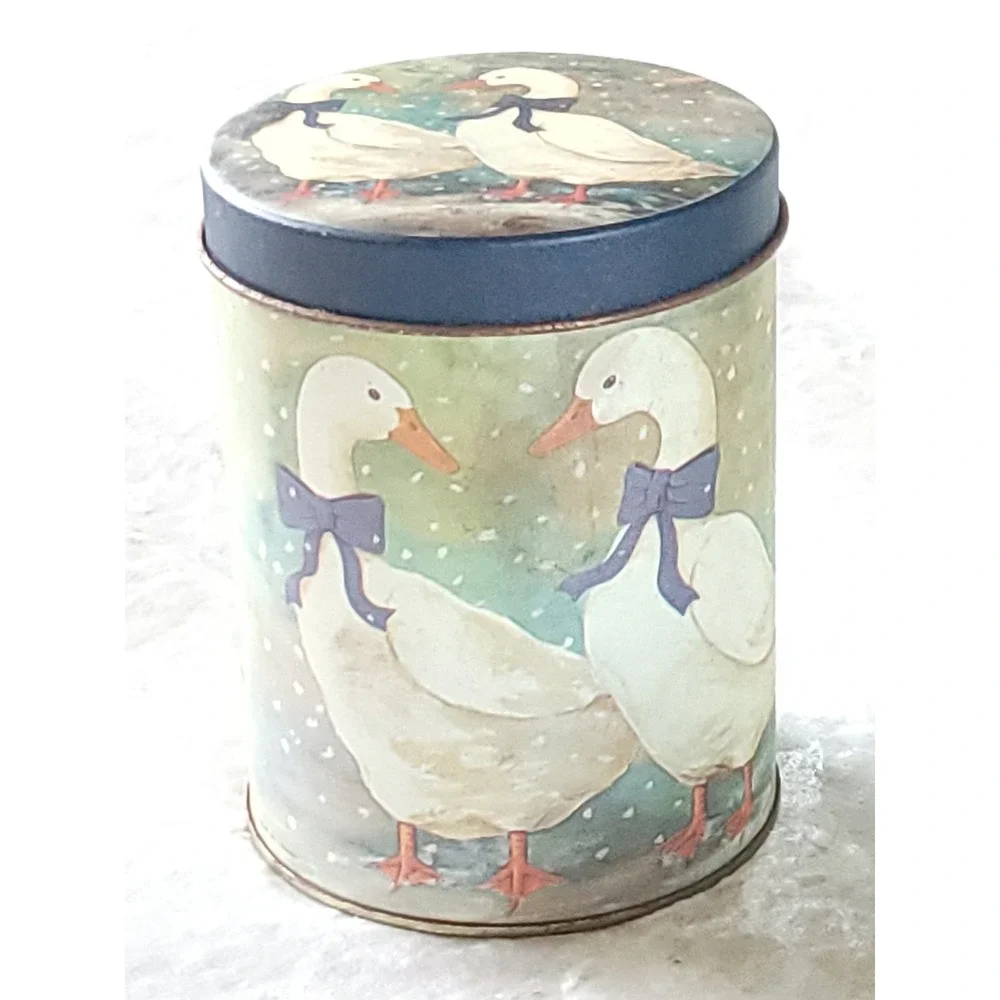 Vtg Country Geese Nesting Tin Canisters Set of 3 Blue Bows Farmhouse Decor